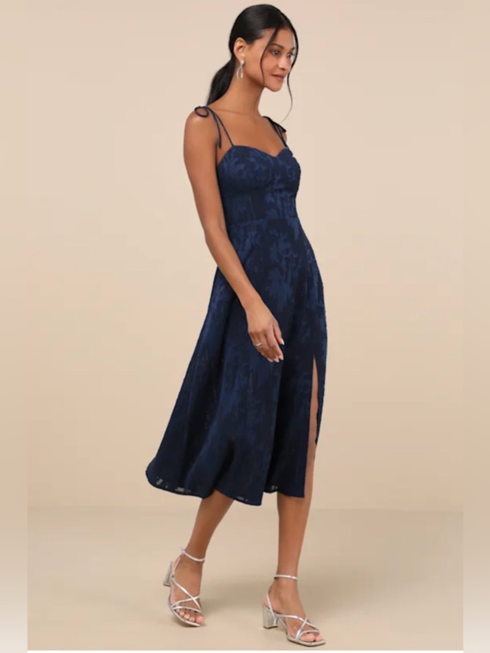 Lulu's Navy Blue Midi Dress with Side Slit